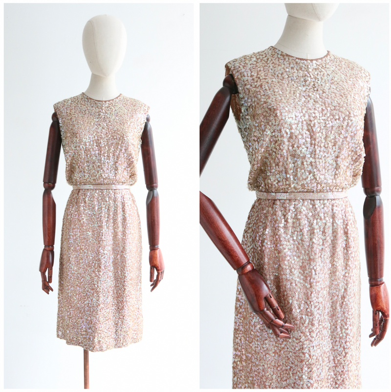 "Iridescent Pink Sequins" Vintage 1950's Sequin & Lurex Dress UK 8 US 4