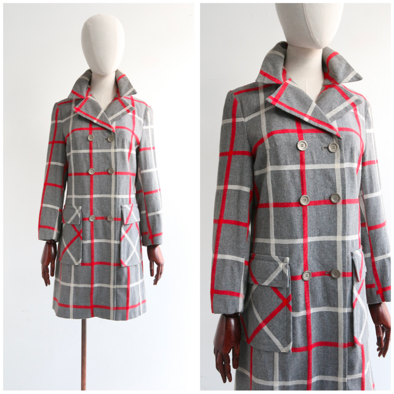 "Red & Grey Plaid" Vintage 1960's Lightweight Wool Plaid Coat UK 12 US 8
