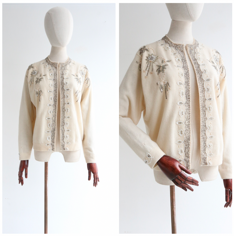 Silver Beadwork Vintage 1960 s Cream Cashmere Beaded Cardigan UK 14 Willow Hilson Vintage