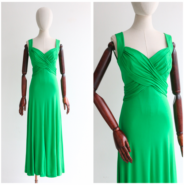 "Vibrant Green" Late 1960's Green Jersey Pleated Dress UK 10-12 US 6-8