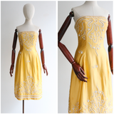 "Embroidered Bells" Vintage 1950's Satin Embroidered Strapless Dress UK 6-8 US 2-4
