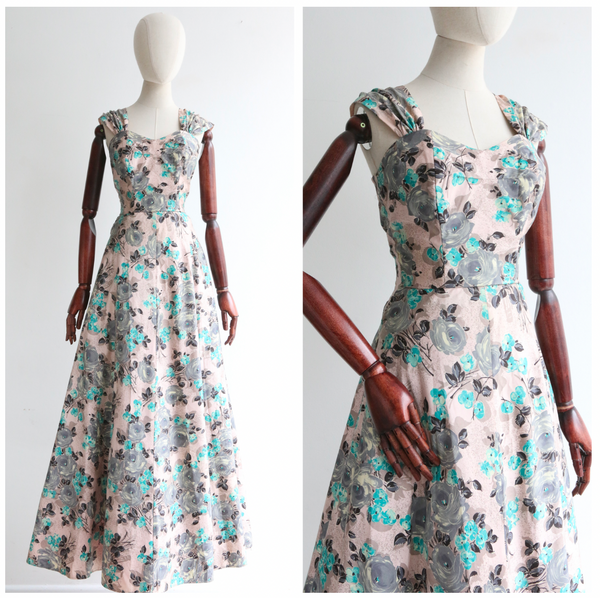 "Blue Roses" Vintage 1950's Cotton Floral Dress UK 10 US 6