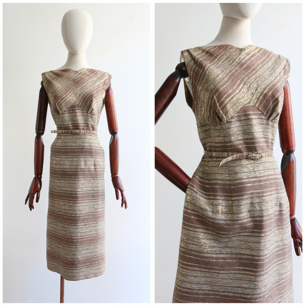 "Lurex Stripes" Vintage Late 1950's Silk Gold Striped Dress UK 12 US 8