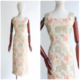 "Floral Matelassé" 1960's Eau De Nil & Pink Matelassé Lurex Dress UK 10-12 US 6-8