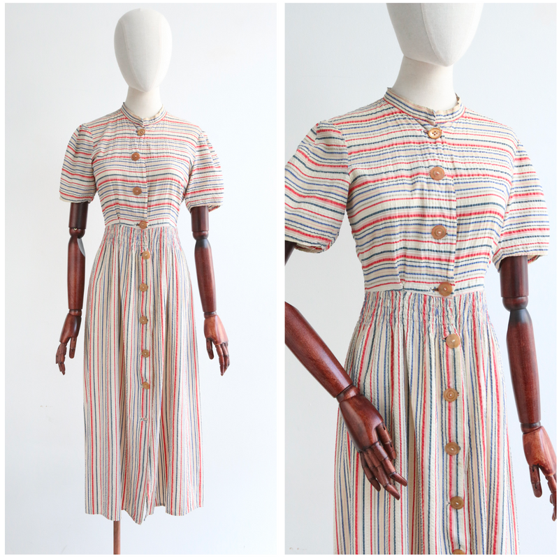"Pinstriped Seersucker" Vintage 1930's Cotton Day Dress UK 10 US 6