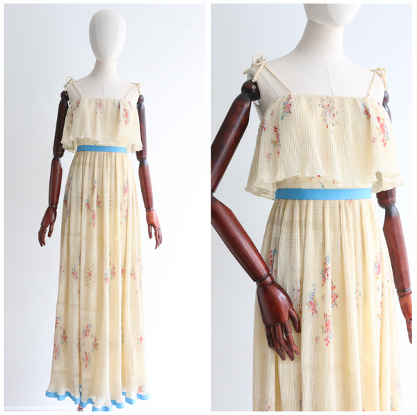 "Floral Flutters" Vintage 1970's Cream & Cornflower Blue Prairie Dress UK 6 US 2
