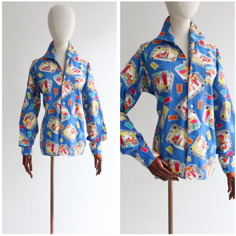 "Travel & Tourism" Vintage 1950's Novelty Shirt UK 14 US 10