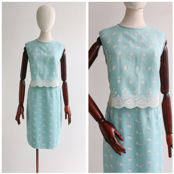"Embroidered Linen" Vintage 1960's Blue Embroidered Linen Set UK 6 US 2