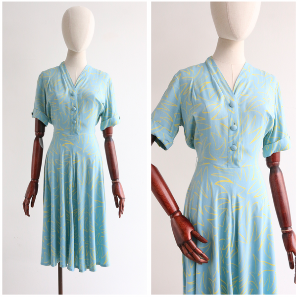 "Artist Sketch" Vintage 1940's Sky Blue & Yellow Abstract Dress UK 10-12 US 6-8
