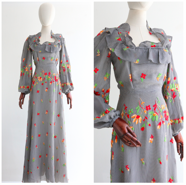 "Embroidered Gingham" Vintage 1970's Floral Embroidered Dress UK 8 US 4