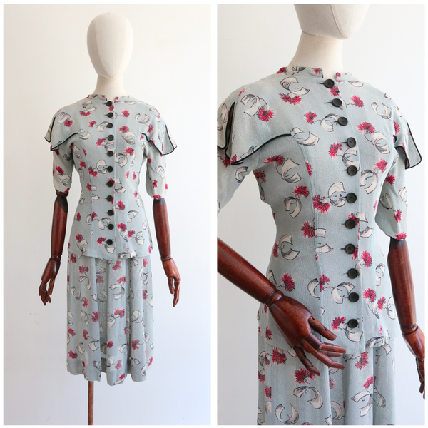 "Ribbons & Flowers" Vintage 1940's Floral Blouse & Skirt Set UK 10 US 6