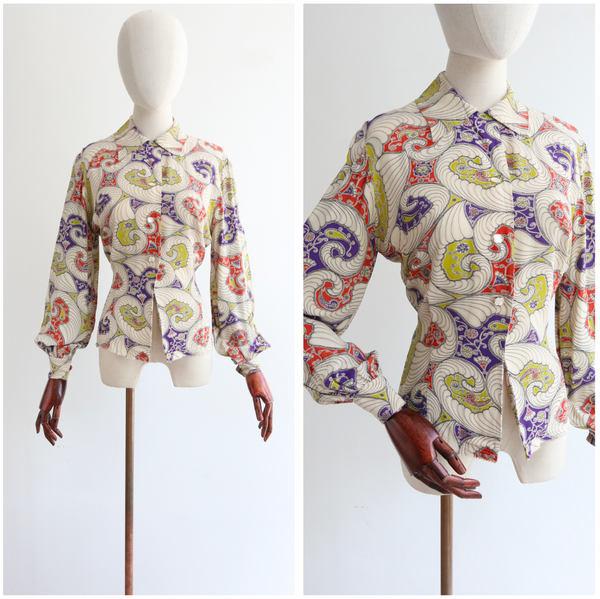 "Chartreuse Paisley" Vintage 1940's Silk Paisley Print Blouse UK 12 US 8