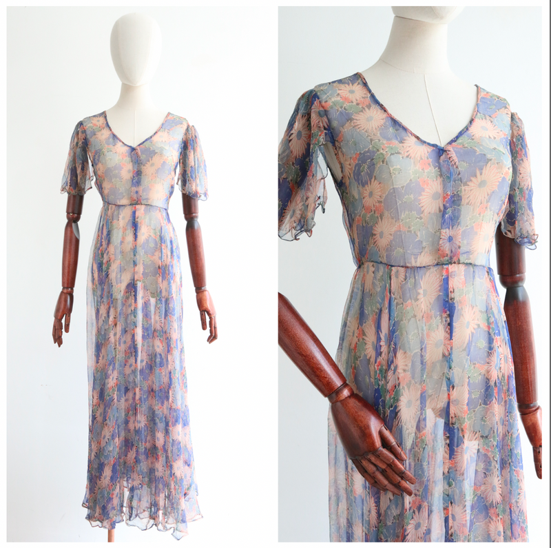 Silk Chiffon Bouquet Vintage 1930 s Silk Chiffon Floral Dress UK 8 1 Willow Hilson Vintage
