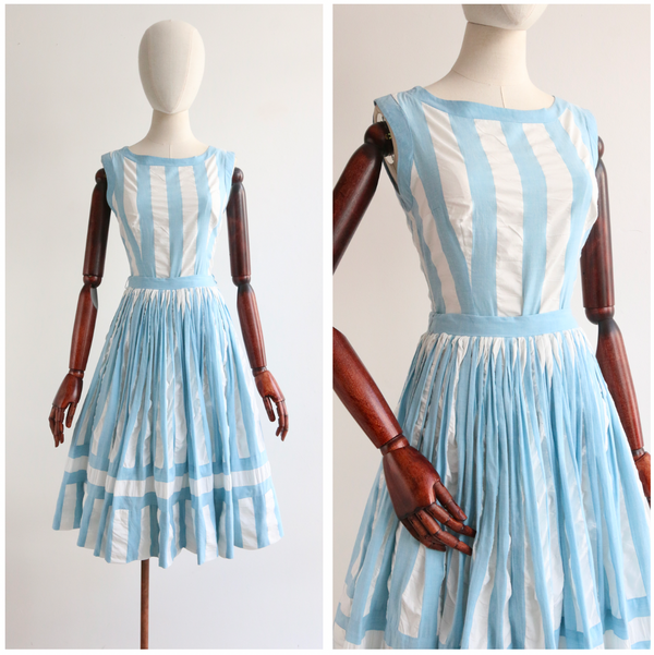 "Gathered Pleats" Vintage 1950's Blue & White Pinstriped Skirt & Blouse Set UK 6-8 US 2-4