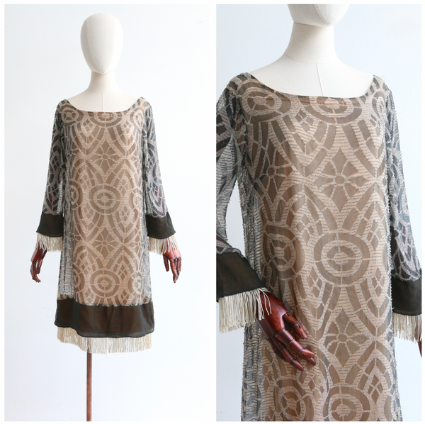 "Silk Chiffon Beads & Fringe" Vintage 1960's Silk Beaded & Fringed Dress UK 10 US 6
