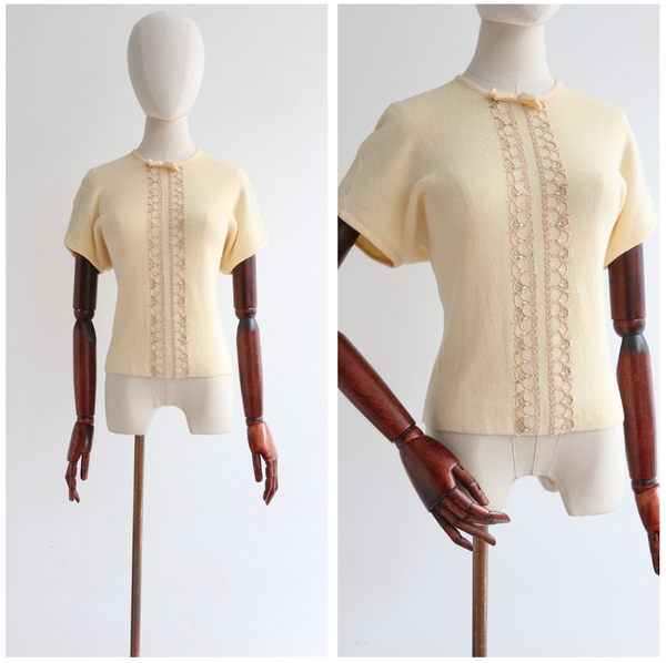 "Soft Yellow Beadwork" Vintage 1950's Orlon Beaded Knit UK 12-14 US 8-10