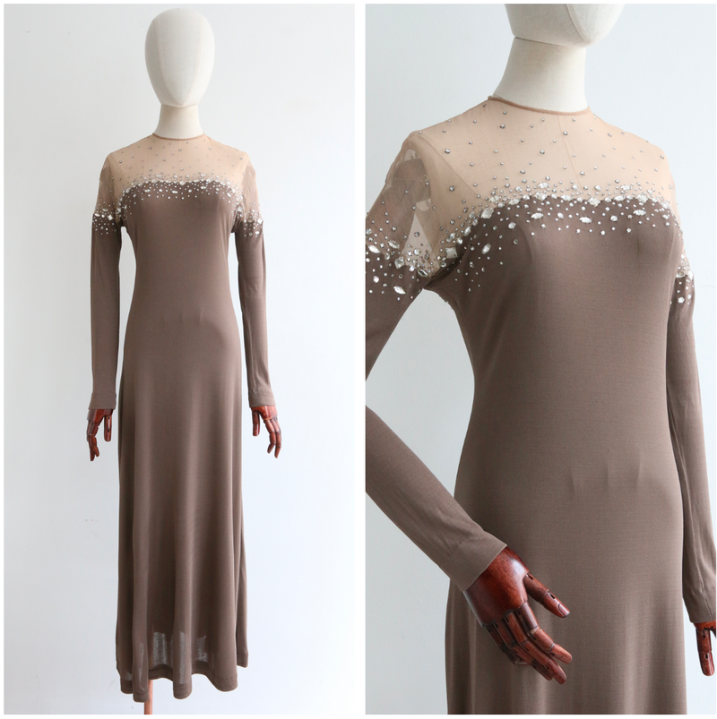 "Taupe & Rhinestones" Vintage Late 1960's Rhinestone Embellished Dress UK 10 US 6