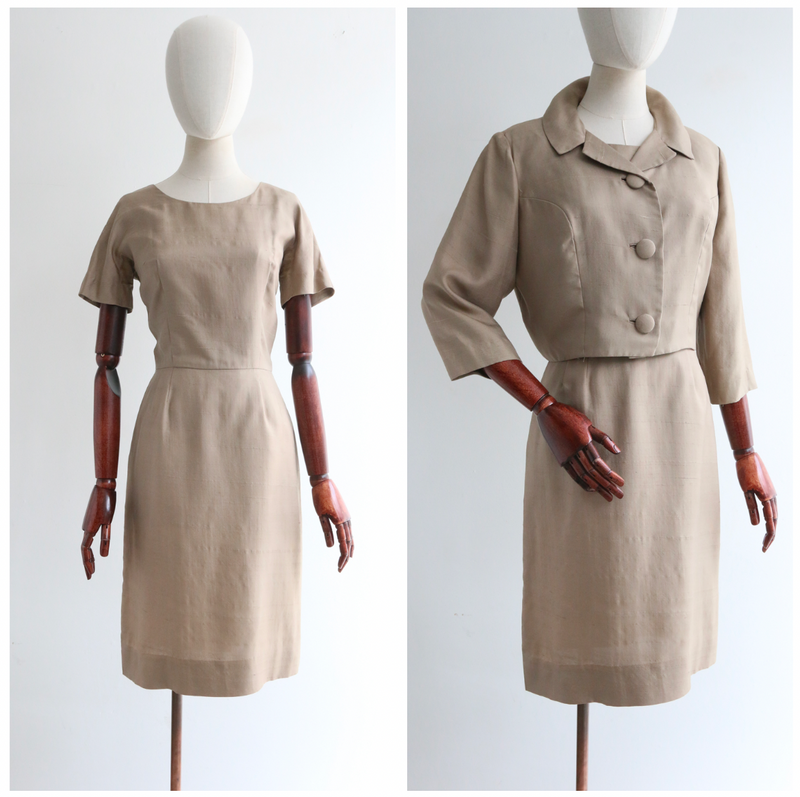 "Mushroom Silk"  Vintage 1950's Mushroom Silk Dress & Jacket Set UK 8 US 4