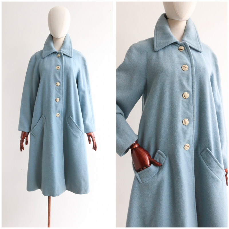"Douceur En Bleu" Vintage Late 1940's Soft Blue Wool Coat UK 12-14 US 8-10