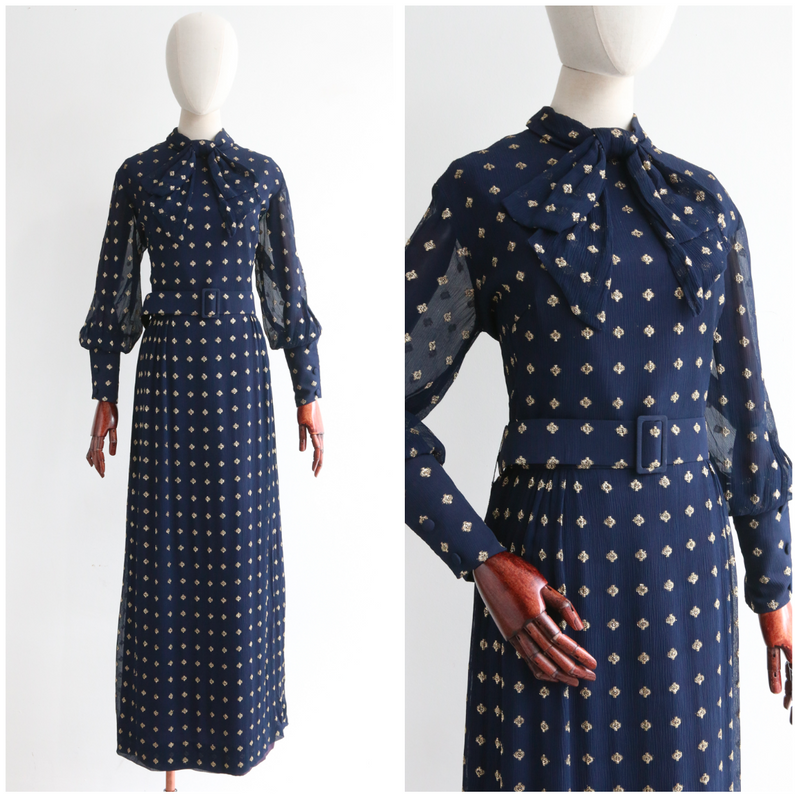 "Night Sky" Vintage 1960's Navy Blue Chiffon & Gold Lurex Dress UK 14 US 10