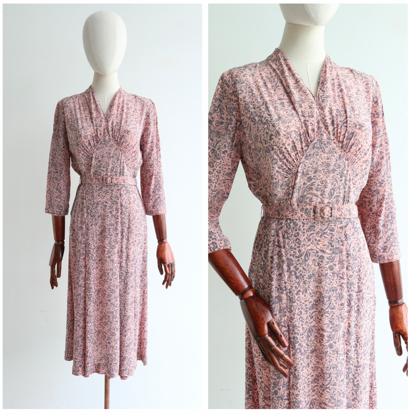"Le Jardin Rose" Vintage 1940's Silk Floral Dress UK 10-12 US 6-8