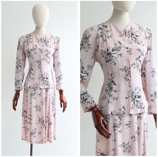 "Silk Floral Scenes" Vintage 1940's Pale Pink Silk Floral Skirt Suit UK 10 US 6