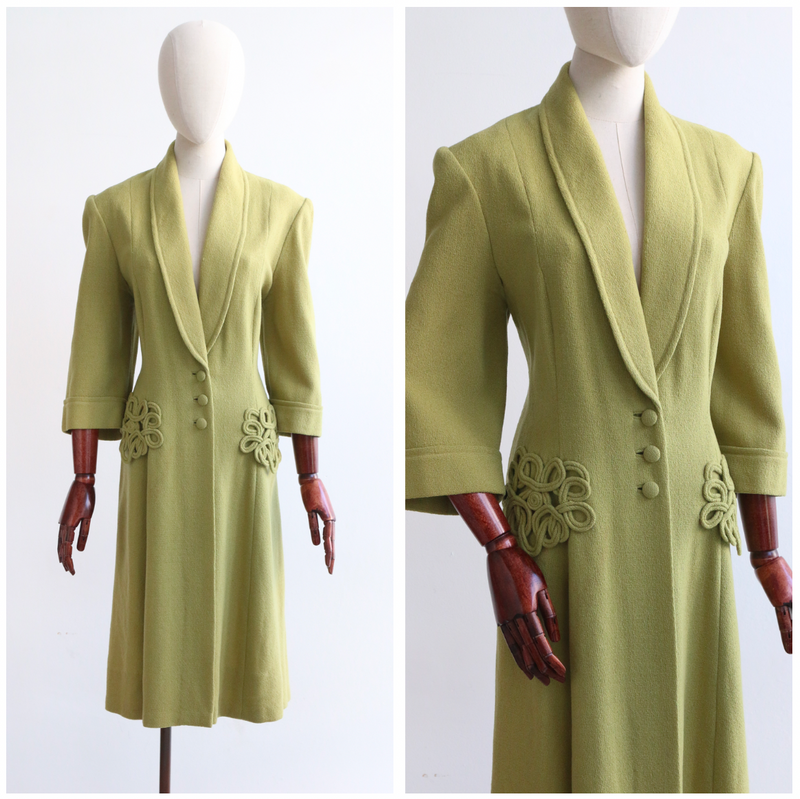 "Entwined Pockets" Vintage 1960's Green Wool Coat UK 12 US 8