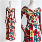 "Ruby & Teal Florals" Vintage 1940's Bold Floral Print Dress UK 12 US 8
