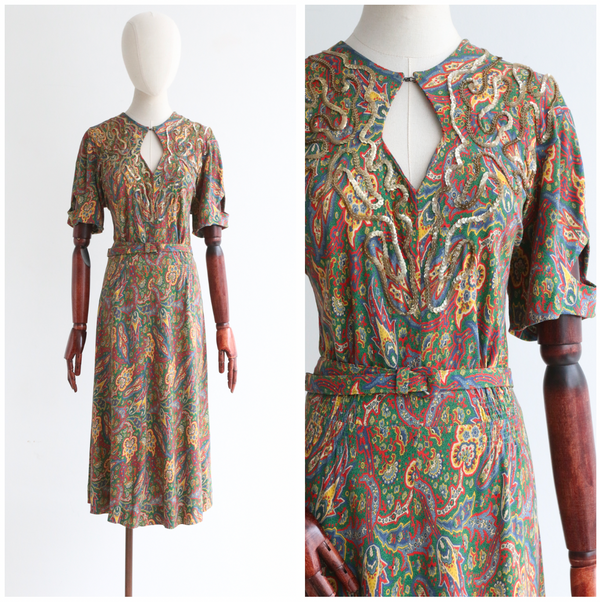 "Paisley & Gold Sequins" Vintage 1940's Paisley Dress UK 14-16 US 10-12