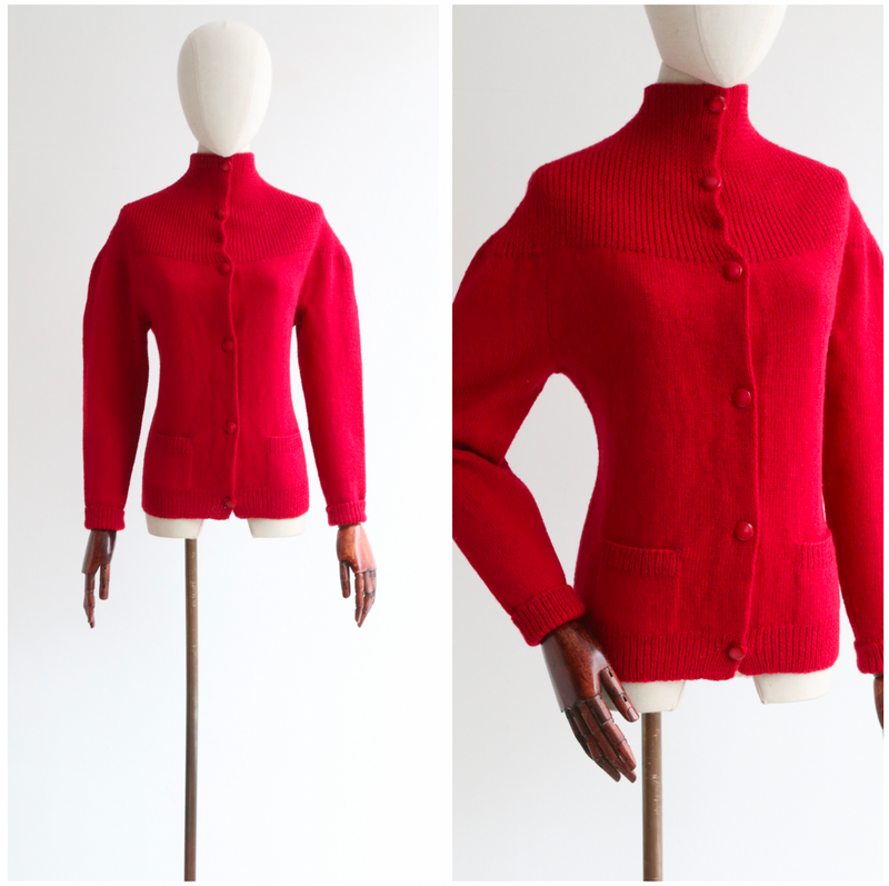 "Crimson Knit" Vintage 1950's Crimson Red Knitted Cardigan UK 12 US 8