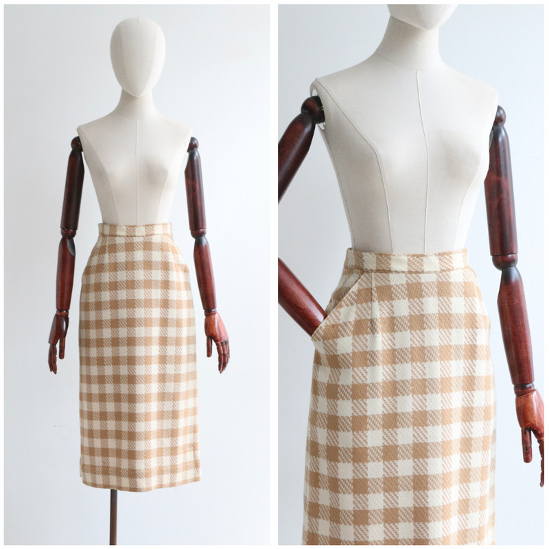 "Tan Check" Vintage 1960's Wool Check Print Skirt UK 8 US 4