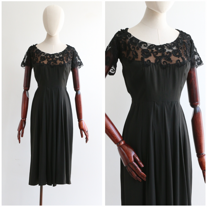 "Black Silk & Ribbon Work" Vintage 1950's Silk & Ribbon Work Dress UK 8 US 4