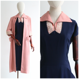"Raised Soutache" Vintage 1950's Navy & Pink Dress & Coat Set UK 10 US 6