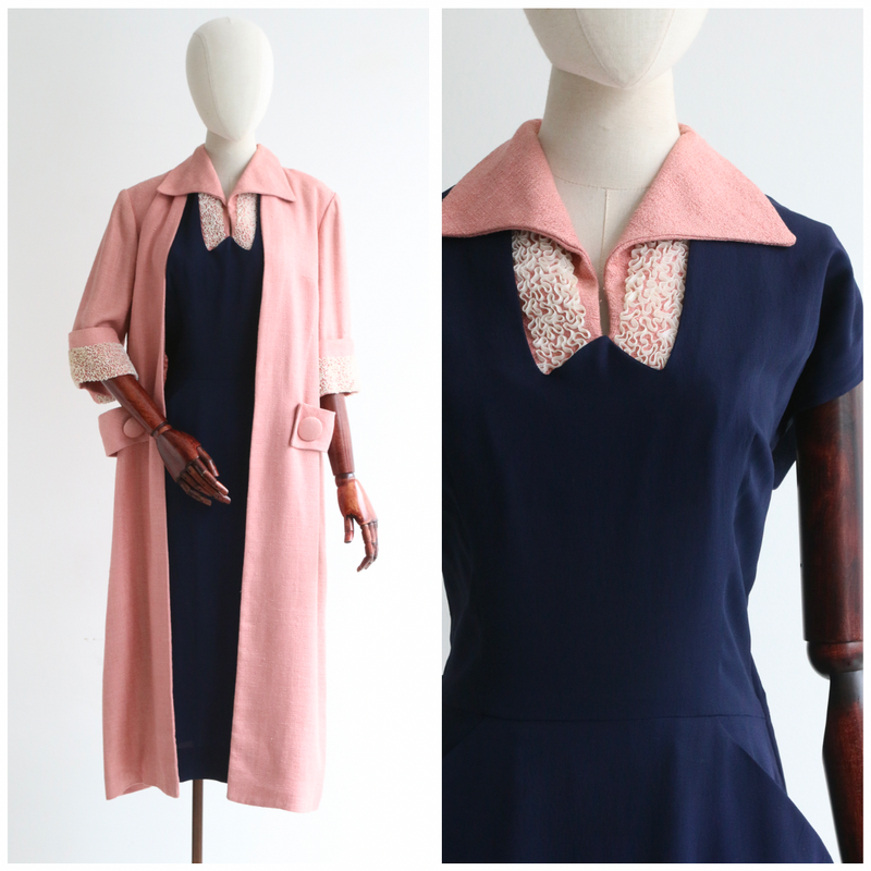 "Raised Soutache" Vintage 1950's Navy & Pink Dress & Coat Set UK 10 US 6