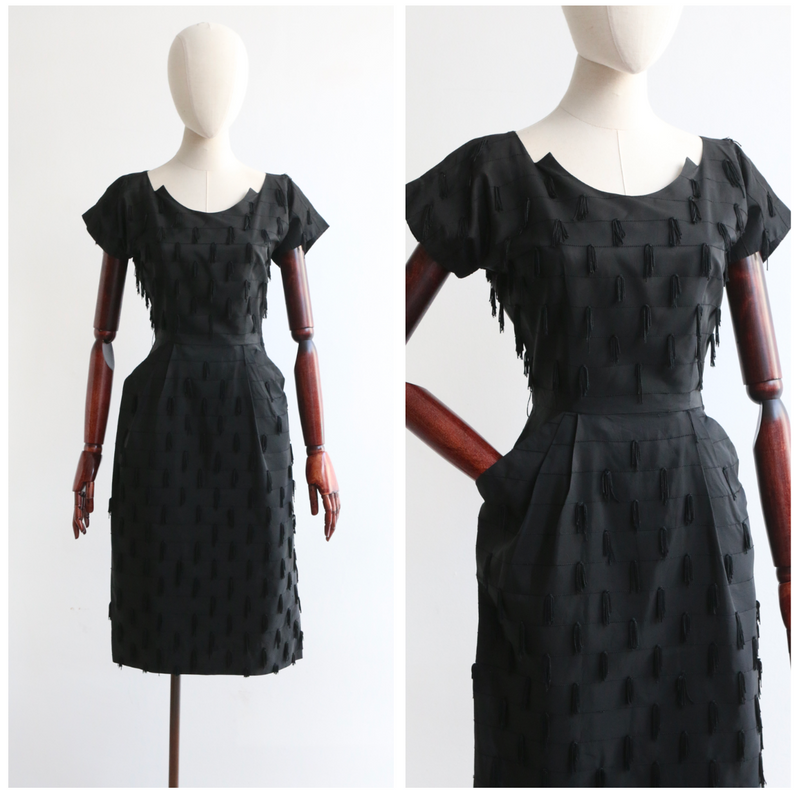 "Notched Tassels" Vintage 1950's Black Faille Tassel Dress UK 8 US 4