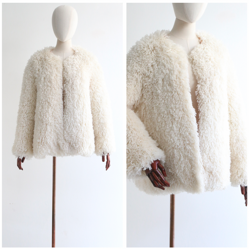 "White Wool Shag" Vintage 1970's White Wool Shag Carpet Coat UK 12 US 8