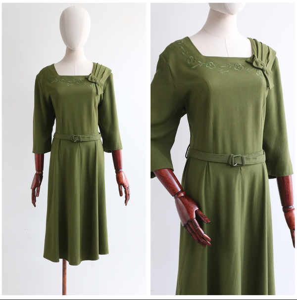 "Evergreen" Vintage 1940's Green Wool Day Dress UK 16 US 12
