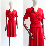 "Velvet Trims" Vintage 1940's Red Crepe & Black Velvet Trim Dress UK 8-10 US 4-6