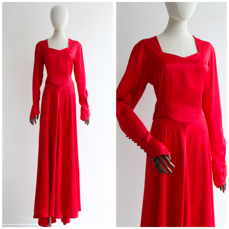 "Crimson Satin" Vintage Early 1940's Red Satin Evening Dress UK 10-12 US 6-8