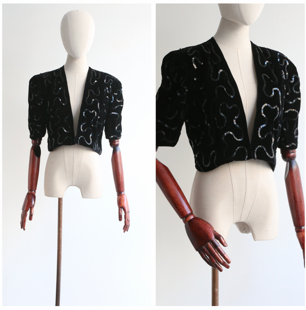 "Undulating Sequins" Vintage 1930's Black Velvet & Sequin Jacket UK 10 US 6