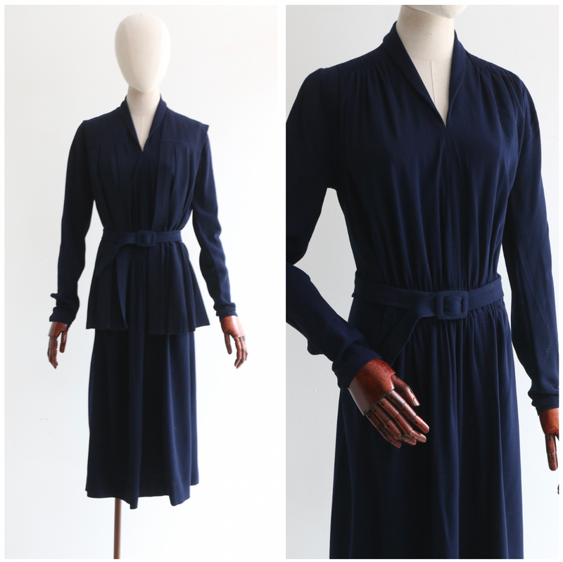 "Deep Navy Pleats" Vintage 1930's Deep Navy Pleated Dress & Waistcoat UK 12 US 8