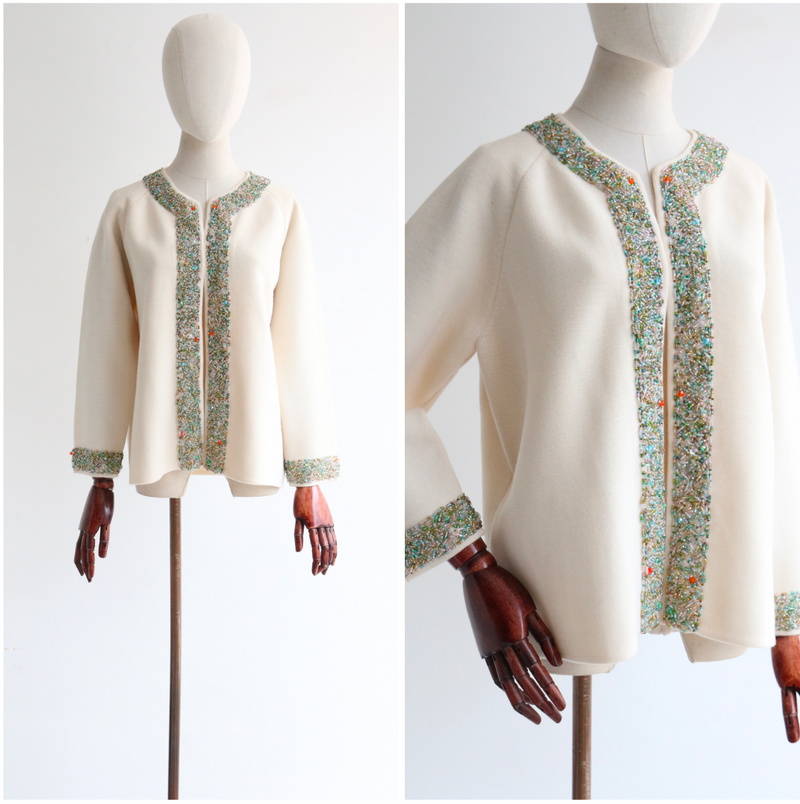 "Glass Beads & Wool" Vintage 1960's Cream Wool & Beaded Cardigan UK 16 US 12