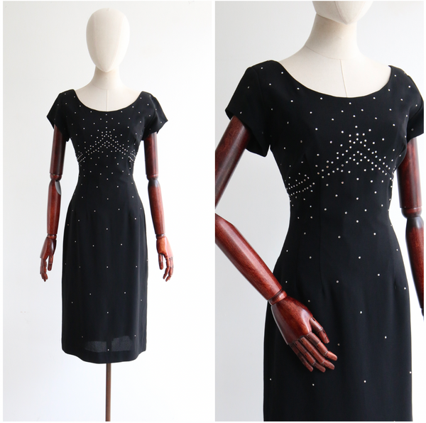 "Rhinestone Sky" Vintage 1950's Black Rhinestone Embellished Dress UK 10 US 6