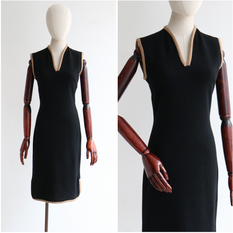 "Tan Piping" Vintage 1960's Black & Tan Wool Knit Dress UK 10-12 US 6-8