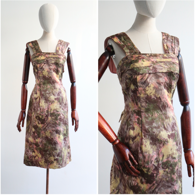 "Floral Watersilk Pleats" Vintage 1950's Floral Watersilk Pleated Dress UK 12 US 8