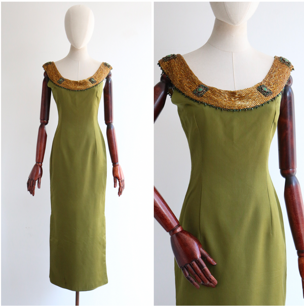 "Gold Beaded Silk" Vintage 1960's Silk & Gold Beaded Dress UK 8 US 4