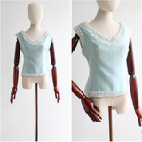 "Ice Blue Silk & Beadwork" Vintage 1960's Silk Beaded Blouse UK 14 US 10