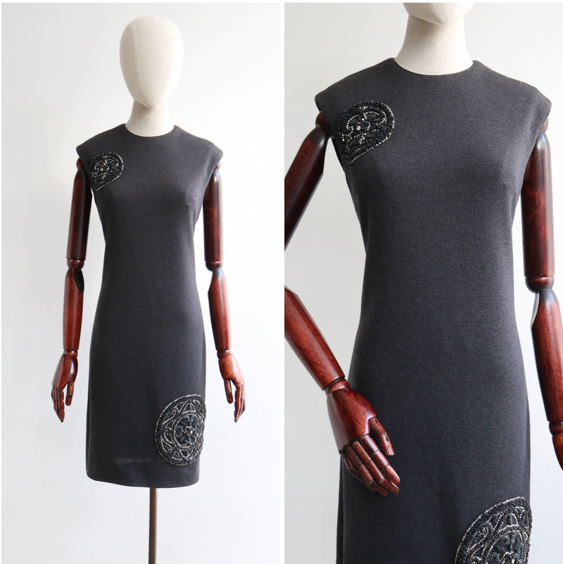"Embellished Medallions" Vintage 1960's Charcoal Grey Embellished Medallion Dress UK 10-12 US 6-8