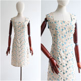 "Floral Embroidery Overlay" Vintage 1960's Stone & Sky Blue Floral Embroidery Dress UK 12-14 US 8-10