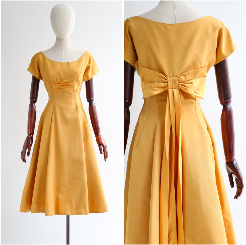 "Macaroon Yellow" Vintage 1950's Macaroon Yellow Faille & Satin Dress UK 8-10 US 4-6